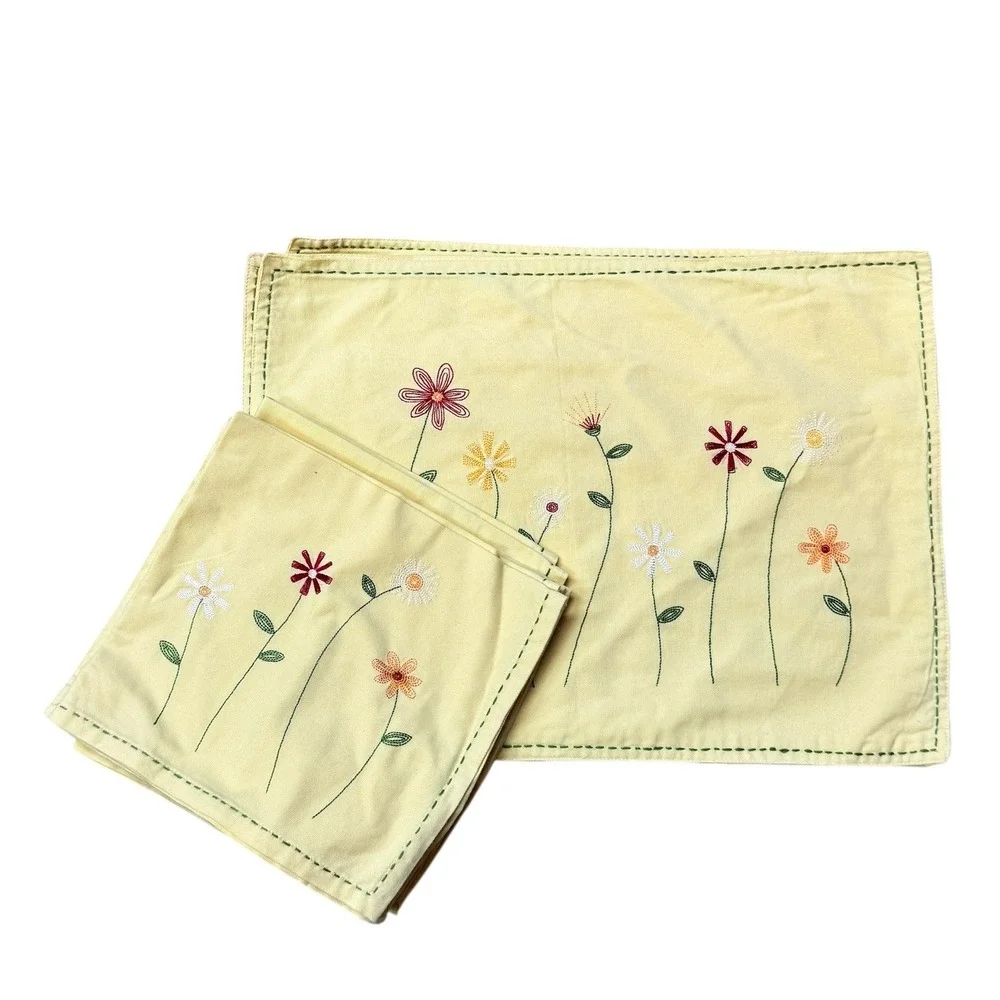Tag Embroidered Floral Placemats and Napkins Set (4) Yellow Cotton Wildflower